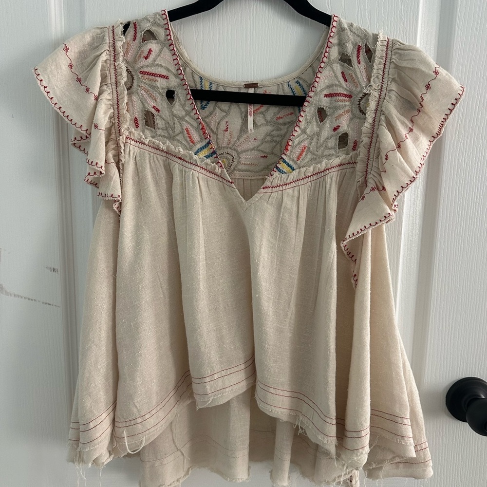 Free People Hailey Embroidered Flutter Sleeve Top